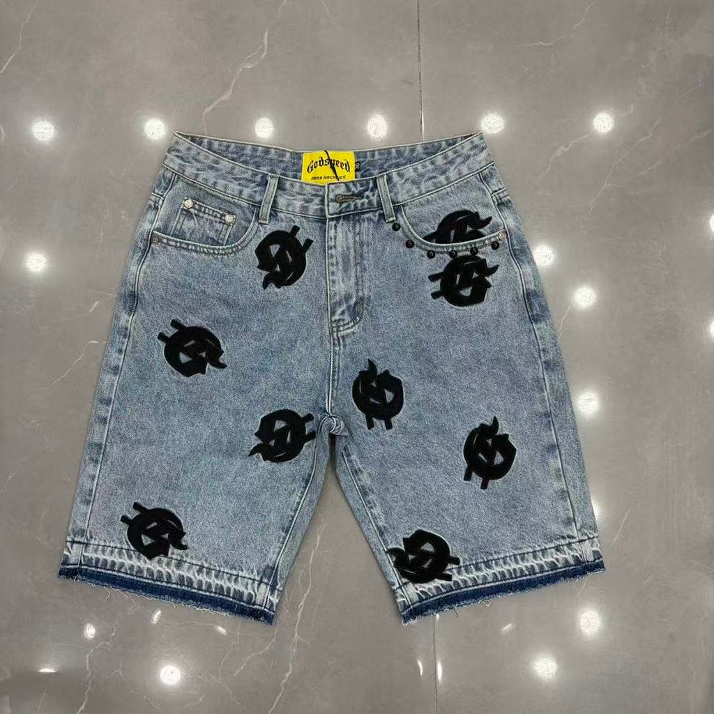 Ngoại Thương Godspeed Godspeed Thêu LOGO Mỹ Đường Phố Cao Cấp Rửa Đau Khổ Nam Nữ Mùa Hè Denim Crop Q