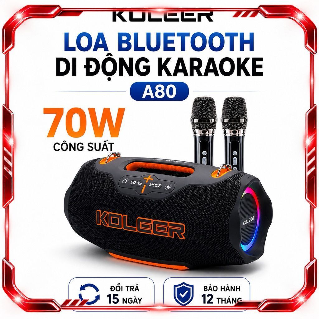 Loa Bluetooth Karaoke KOLEER A80 70W Kèm 2 Micro Không Dây | Bluetooth 5.3 | Pin 8000mAh | Đèn LED R