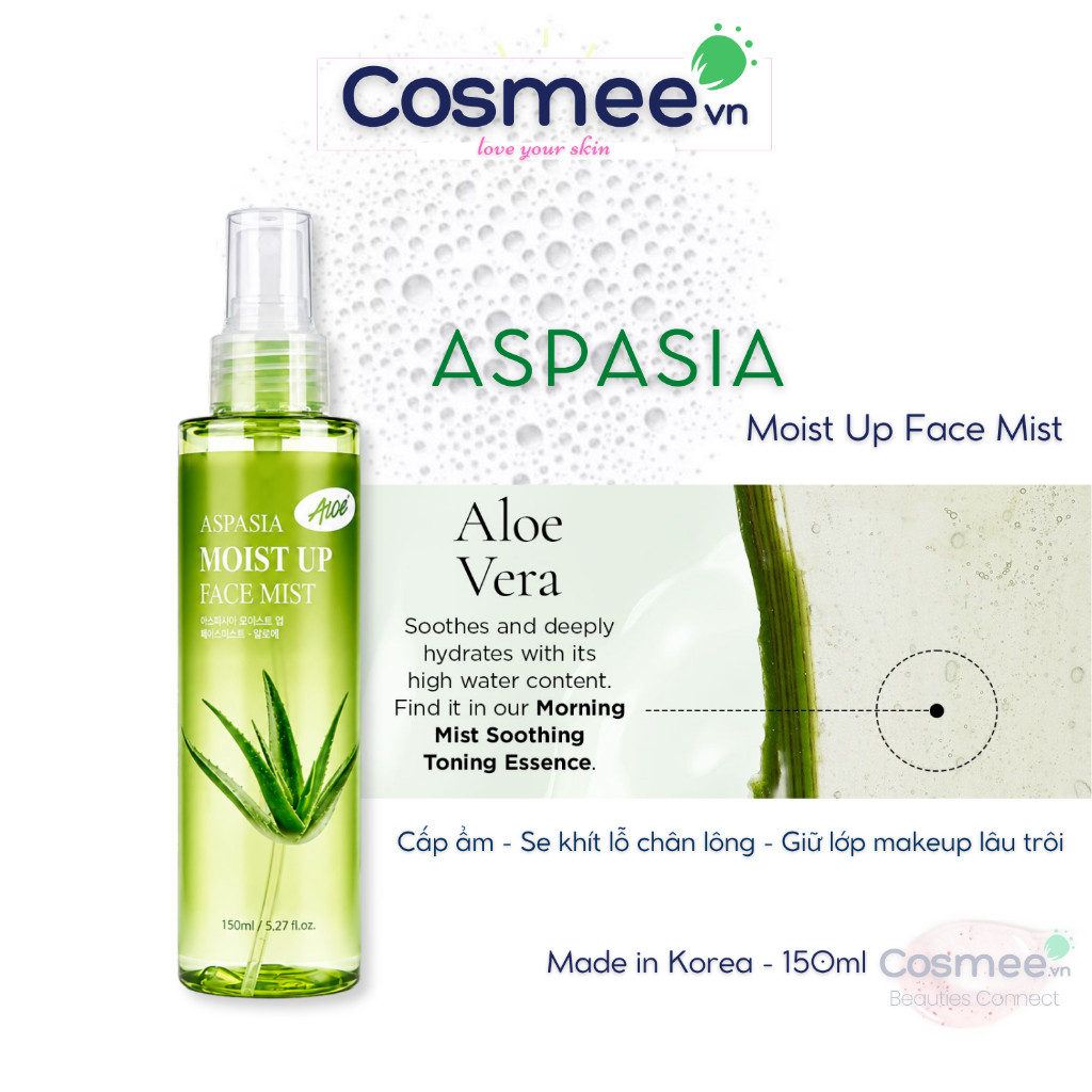 Xịt Khoáng ASPASIA Moist Up Face Mist - Xịt khoáng Nha Đam Apasia Dưỡng ẩm & Khóa nền hiệu quả