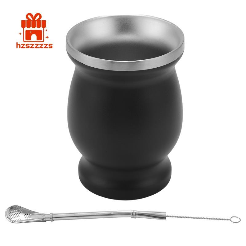 Yerba Mate Gourd Set Cốc trà không gỉ hai lớp và Bombilla 8 Ounce Bombillas Yerba Mate Straw - Đen