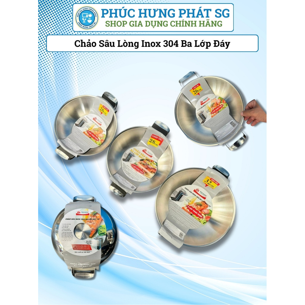 Chảo Sâu Lòng Inox 304 Ba Lớp Đáy Từ Ticook, Chảo 2 Quai Siêu Bền An Toàn Sức Khỏe, 26-28-32cm