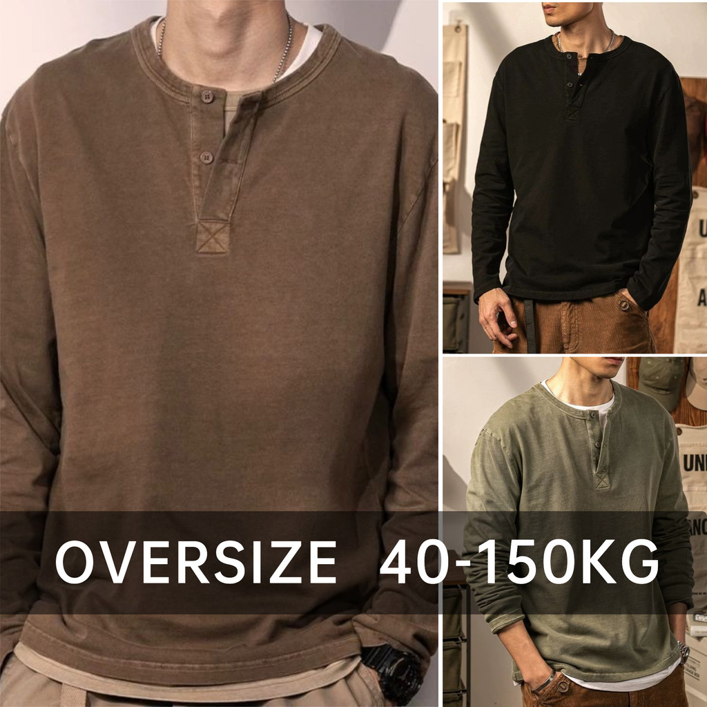 Oversize American Retro Henry Áo Sơ Mi Cotton Nguyên Chất Henry Cổ Áo Dài Tay