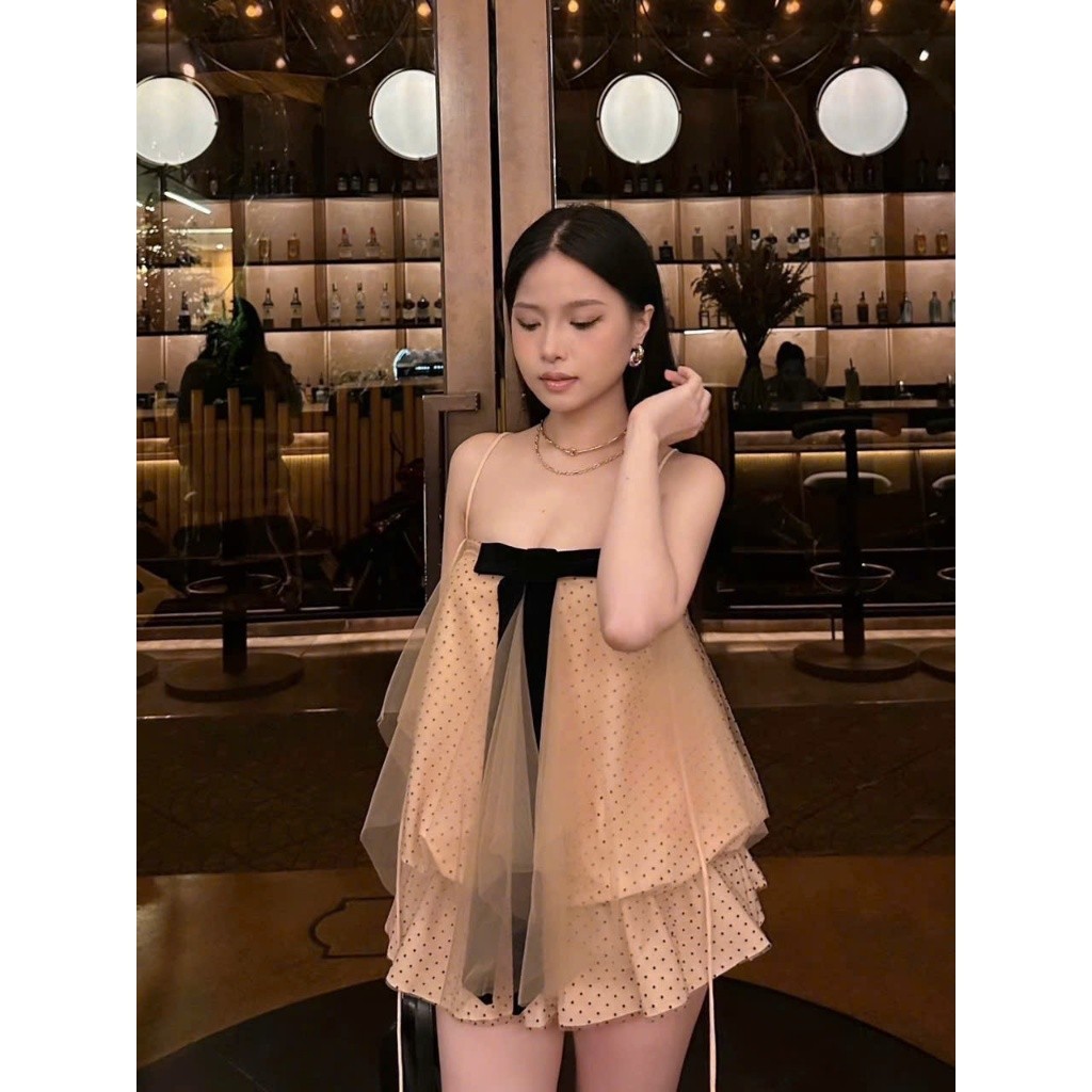 [HOẢ TỐC HCM] AGUJA  Đầm hai dây phom bí chấm bi phối nơ nhung Chilas dress thiết kế Aguja