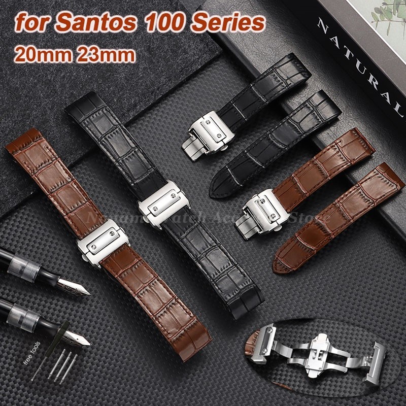 20mm 23mm Cao Cấp Chính Hãng Da Đồng Hồ Dây Đeo Cho Cartier Santos 100 Series Đồng Hồ Bướm Khóa Da B