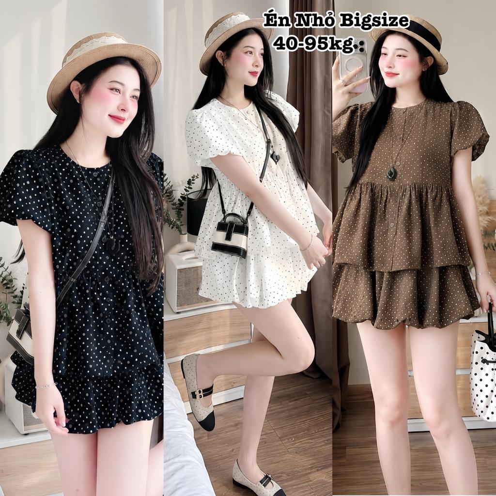 Set Bộ Đùi Bigsize Nữ Áo Bèo Babydoll Mix Chân Váy Bí Phồng Chấm Bi Chất Đũi Vân Mây Form Rộng Thoải