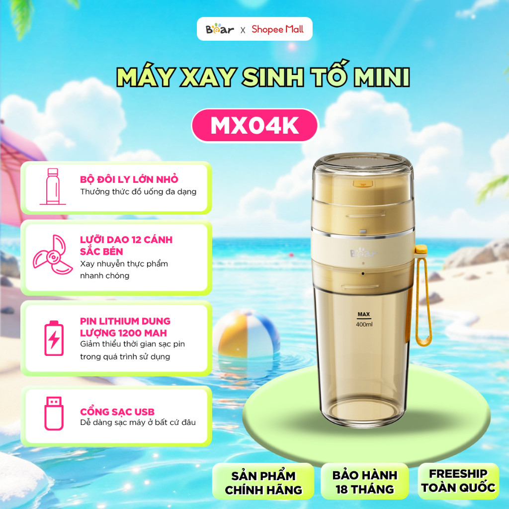 Máy Xay Sinh Tố Cầm Tay BEAR Xay Rau Củ Quả Làm Sinh Tố Tích Điện Dung Tích 400ml SB-MX04K