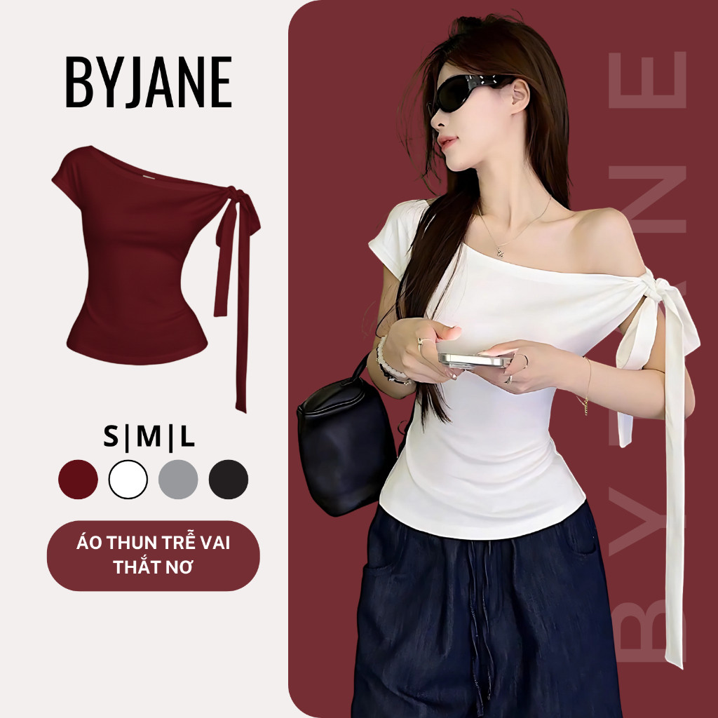 Áo Thun Nữ Trễ Vai Ôm Body Thắt Nơ Chất Cotton Mịn Co Dãn 4 Chiều BYJANE - 666