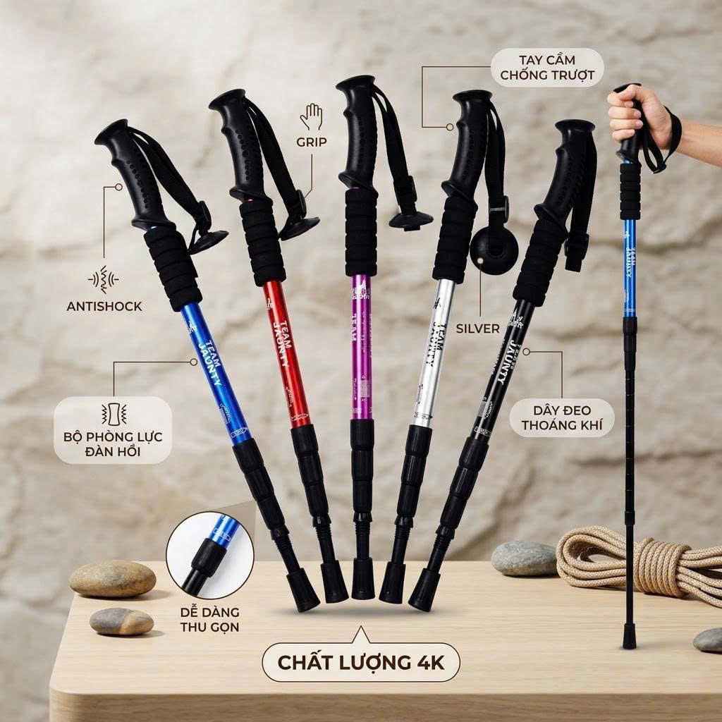 Gậy Leo Núi Trekking  4 Đoạn Rút Gọn Siêu Nhẹ - Có Lò Xo Giảm Xóc, Gậy Đi Bộ Dã Ngoại Chuyên Nghiệp(