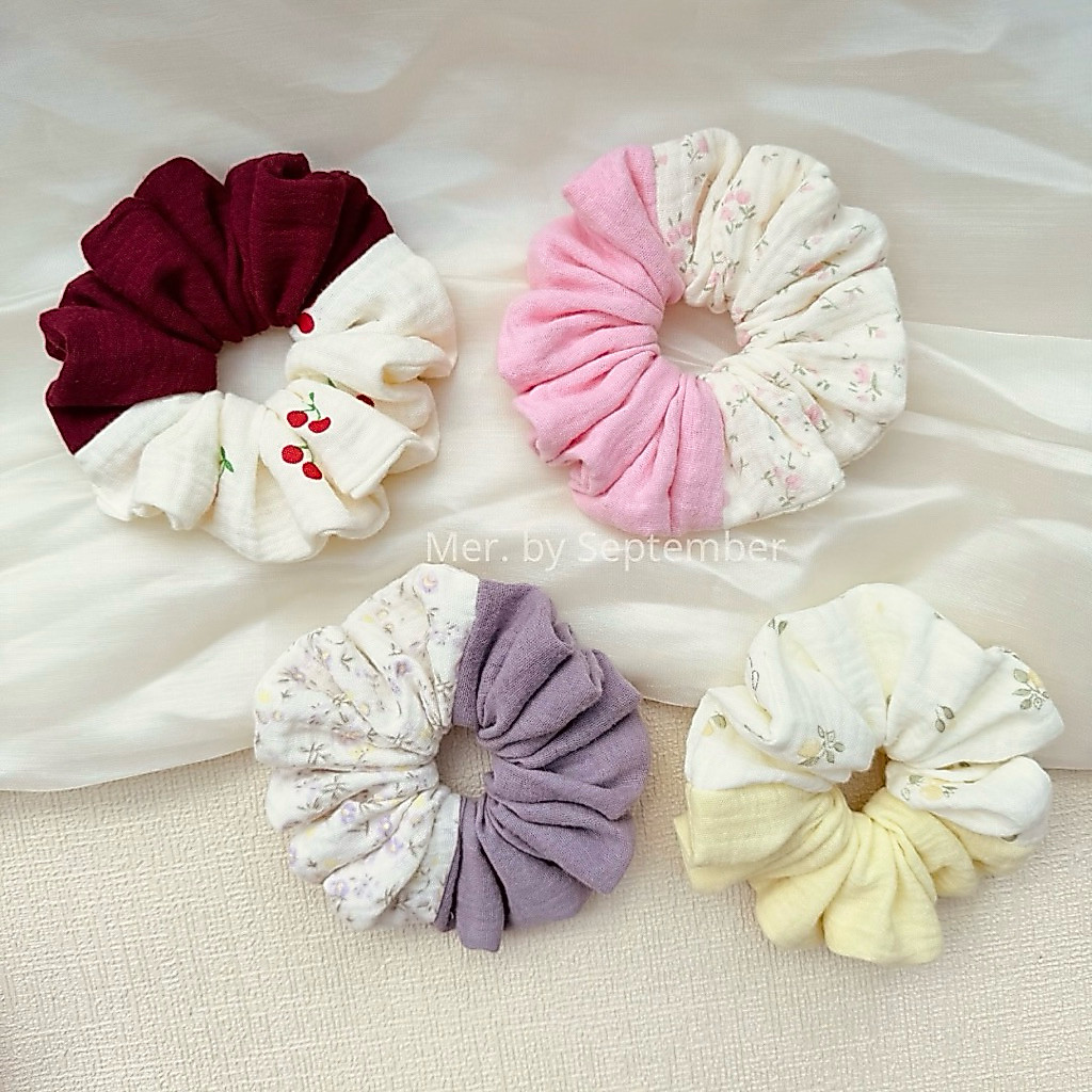 [Bigsize] Scrunchies Cột Tóc Xô Muslin 2 Lớp Handmade Phối Màu Hoạ Tiết Hoa