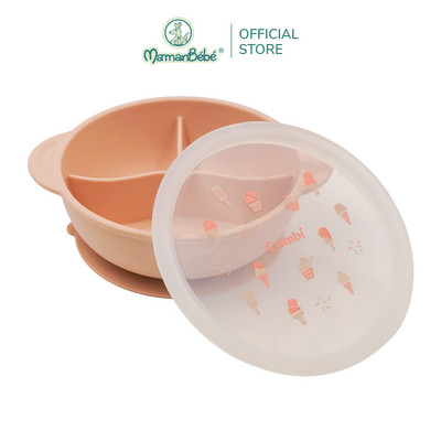 (MamanBébé chính hãng) Khay ăn dặm Combi silicone cao cấp kèm nắp, chống lật, họa tiết kem hồng