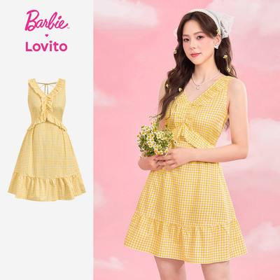 Barbie™ X Lovito Đầm nữ màu vàng xuân/hè họa tiết bèo nhún phong cách thường ngày DRBL4PAD019