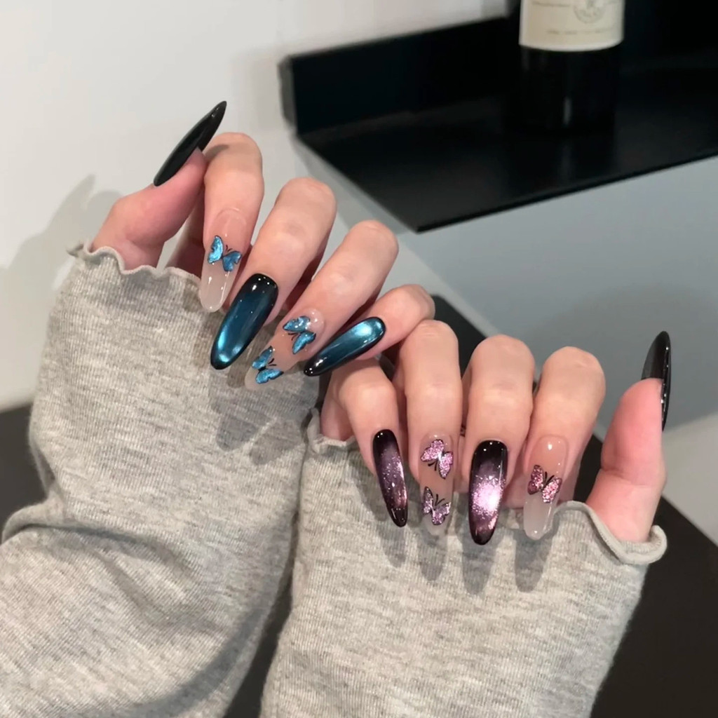Handmade Butterfly Press On Nails AB Glass Cat Eye Glitter Fake Nails Set