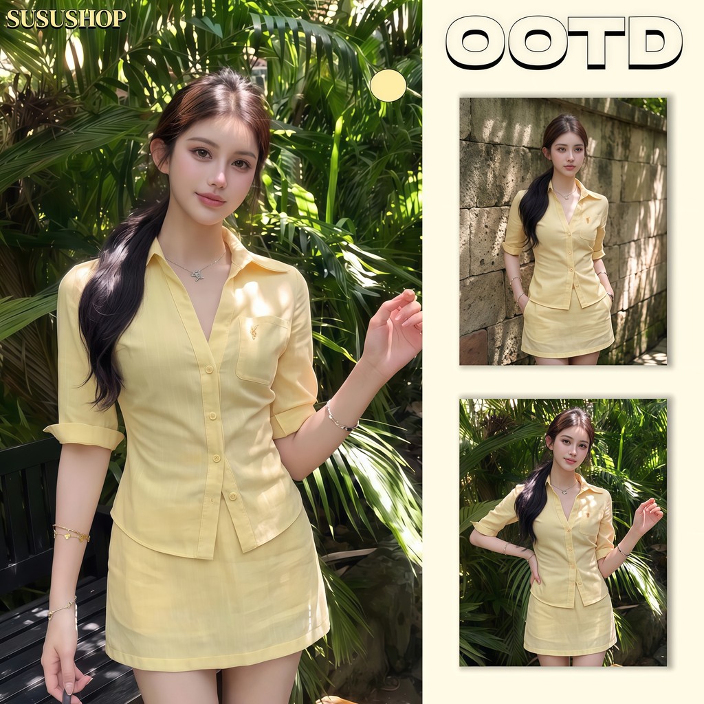 Bộ Áo Sơ Mi Tay Ba Phần Tư SuSu Nữ + Váy Ngắn Slim Fit Màu Vàng Thời Trang-A2941 / A2942