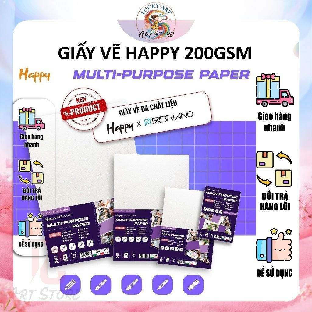 Giấy Vẽ Happy 200gsm Multi-Purpose - Giấy Vẽ Đa Chất Liệu (Khổ A3/A4/A5/A6) - Lucky Art