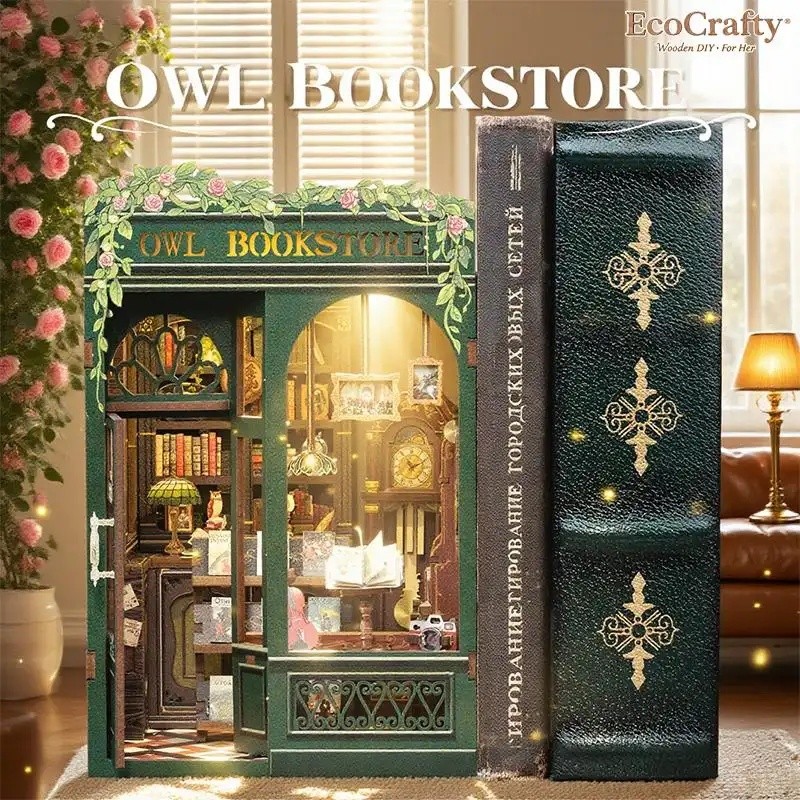 EcoCrafty Owl Bookstore DIY Miniature Booknook Bộ đồ nội thất bằng gỗ dành cho người lớn Thanh thiếu