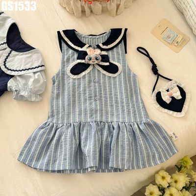 Váy Thủy Thủ Bé Gái Không Tay Sọc Xanh Trắng Cổ Navy Nơ Thỏ Chân Váy Bèo MINTSCLOSET GS1533
