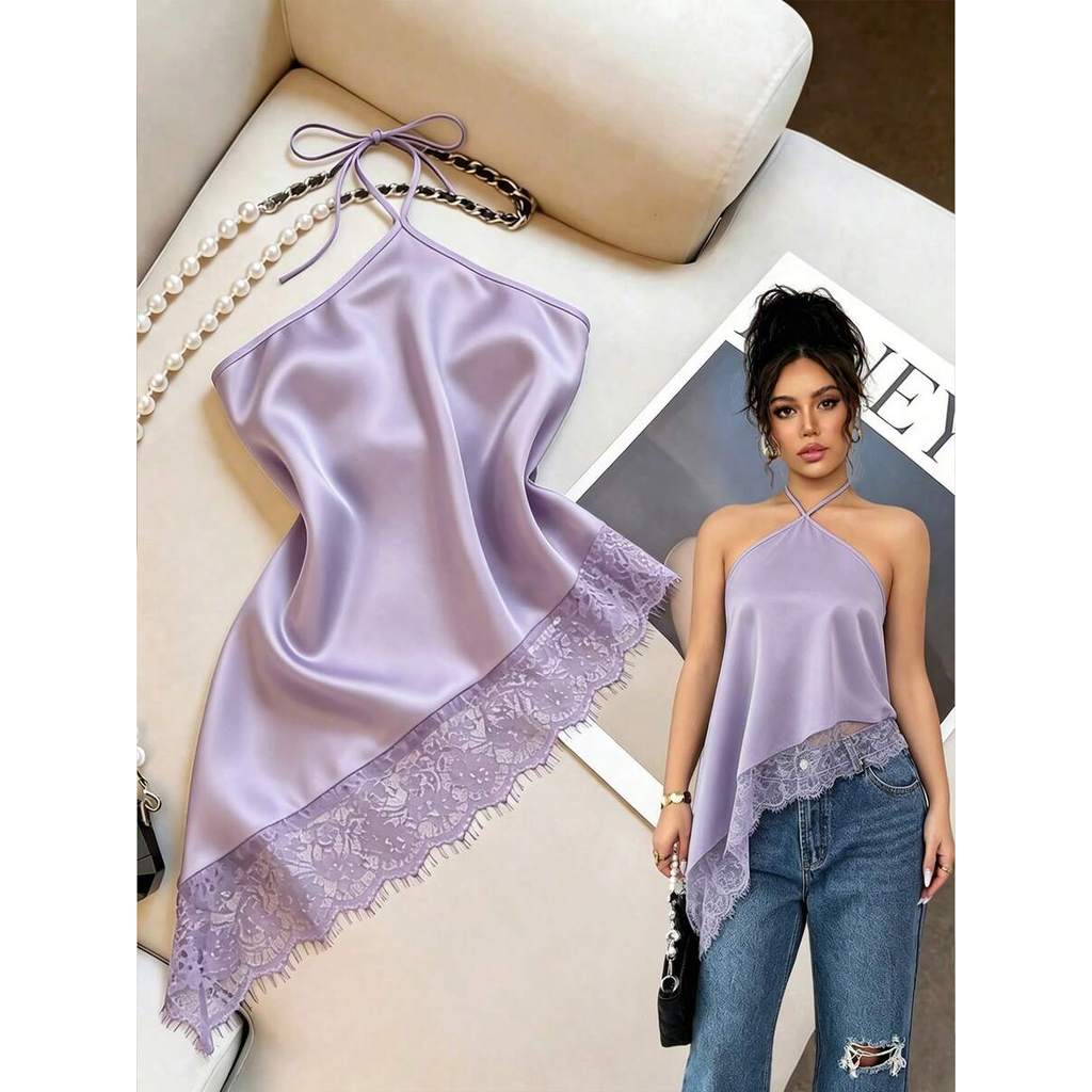 Áo tank top nữ mới mùa hè, áo tank top đen, cổ yếm thắt nơ, gấu bất đối xứng viền ren, áo tank top n