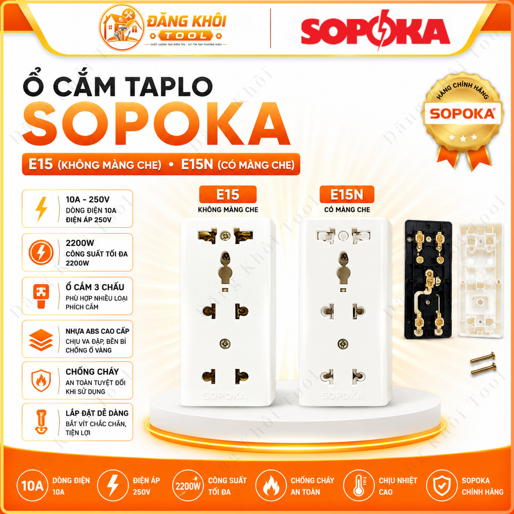 SOPOKA Ổ Cắm Điện 3 Lỗ Gắn Táp Lô E15 2200W  - Đăng Khôi Tool