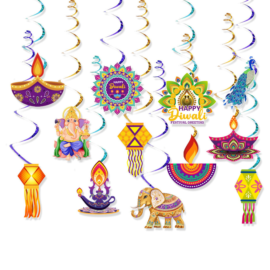 Bộ 12 Mảnh 2024 Hàng Ấn Độ Lễ Hội Ánh Sáng DIWALI Đồ Trang Trí Xoắn Ốc Trong Nhà Không Khí Trang Trí
