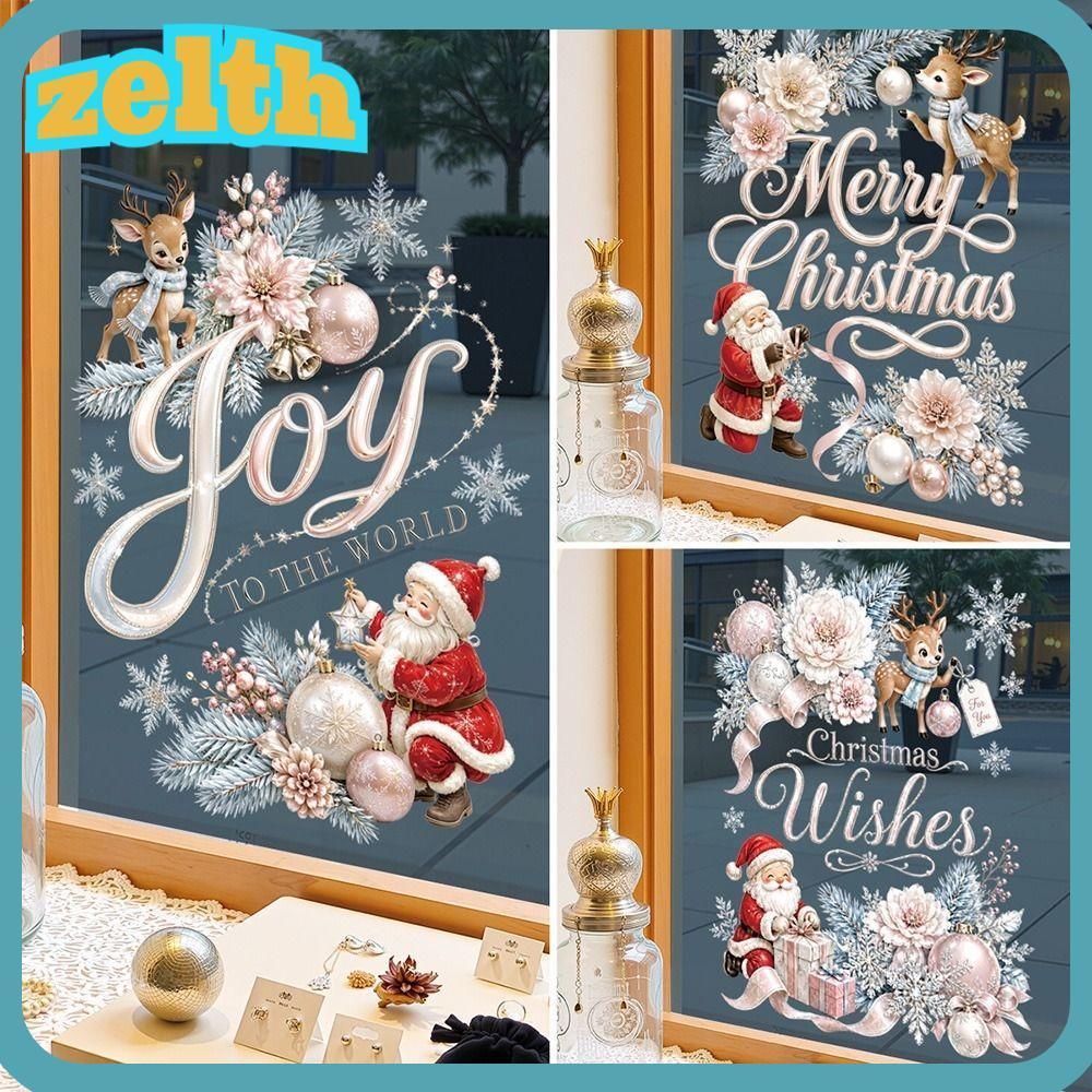 ZELLH Nhãn dán cửa sổ Giáng sinh vui vẻ, Đề can dán kính màu hồng tĩnh điện, Phim hoạt hình tĩnh điệ