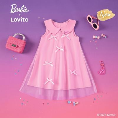 (New Arrival) Barbie™ X Lovito Kids Váy Đầm Bé Gái Hồng Xuân/Hè Dáng Xòe Đến Gối Thêu Họa Tiết Có Nơ LBL5AD029