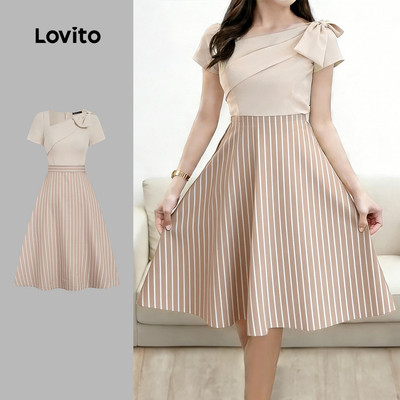 Đầm nữ Lovito xuân hè bất đối xứng ghép vải phong cách thường ngày L190ED048