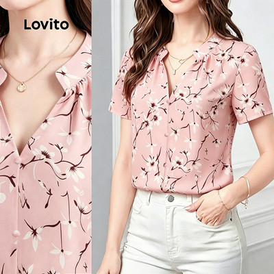 (New Arrival) Lovito Áo kiểu nữ màu hồng phong cách mùa xuân/hè họa tiết nút dáng xếp ly LK7AD181