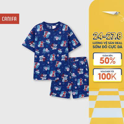 Bộ quần áo bé trai CANIFA bộ thun hè cộc tay chất cotton mềm mịn mát in họa tiết 2LS26S002