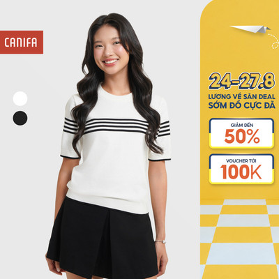 Áo len nữ CANIFA tay ngắn dáng ôm phối màu kẻ nổi bật 6TE25W006
