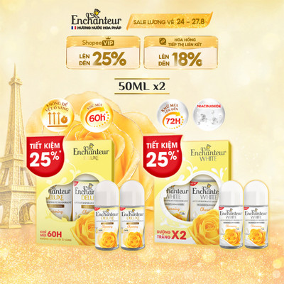 [COMBO TIẾT KIỆM] Lăn Khử Mùi Enchanteur Dưỡng Trắng Thơm Mịn / Hương Nước Hoa Pháp Không Để Lại Vệt Ố Vàng 50mlx2