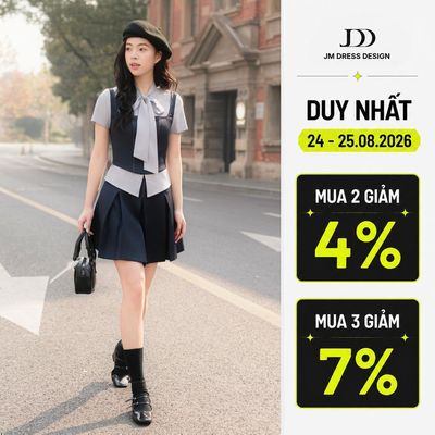 Set Áo kiểu 2 hàng cúc phối sơ mi cổ nơ 2T11.2601, Chân váy ngắn xếp ly chụm 4S06.2601, Set Đồ Vibe Preppy Vintage By JM
