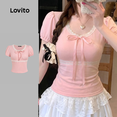 (New Arrival) Lovito Áo thun nữ màu hồng xuân/hè thắt nơ trang trí ren LK7ED464