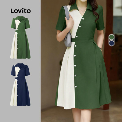 Đầm nữ Lovito xuân hè nút ghép nối màu sắc thanh lịch LK5LD225