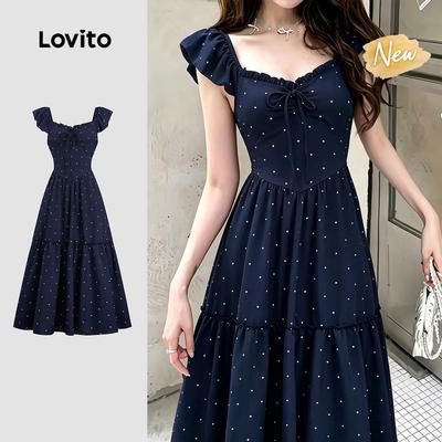 (New Arrival) Lovito Đầm xanh đậm xuân hè thanh lịch viền bèo thắt dây cho nữ DRK8P2D652