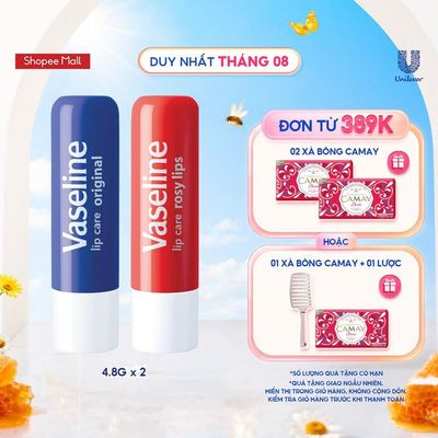 Combo 2 son dưỡng môi Vaseline dạng thỏi Lip Care: Mềm Mịn Original và Hồng Rosy Lips (4.8g x2)