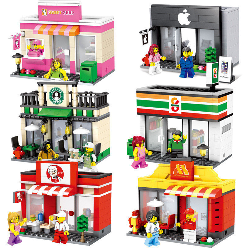 6409-6411 City Cafe Nhà Hàng Phương Tây Nhà Hàng Mini Street View Với Mô Hình Khối Xây Dựng Minifigu