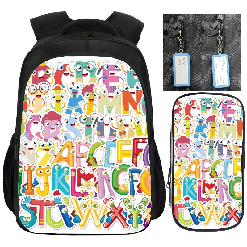 Ba lô học sinh in chữ 13 / 16 inch + hộp đựng bút chì. Túi đi học trẻ em hai lớp Alphabet & Lore