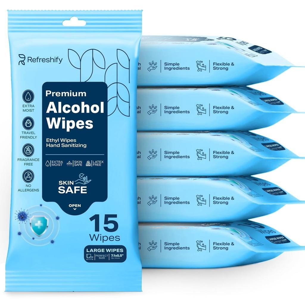90 Large Alcohol Wipes - 75% Ethyl Alcohol Hand Wipes - 6 Packs of 15 - Fragrance Free, Skin Safe, L