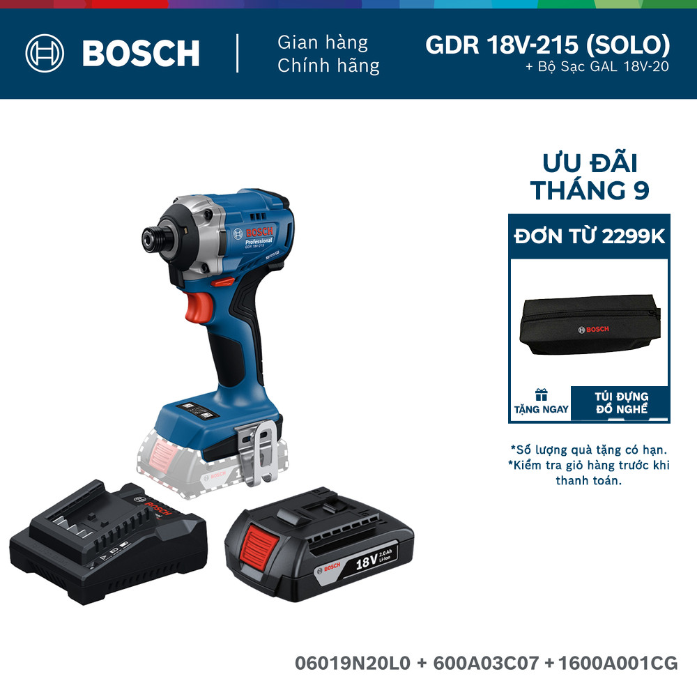 Máy vặn vít dùng pin Bosch GDR 18V-215 (SOLO) +  Pin GBA 2.0Ah / Bộ Sạc GAL 18V-20 (MỚI)