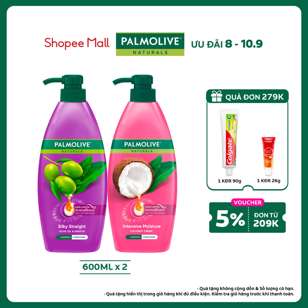 Bộ 2 Dầu gội Palmolive kèm xả 2-trong-1 chiết xuất Sữa dừa và Keratin kết hợp quả ô liu 600ml