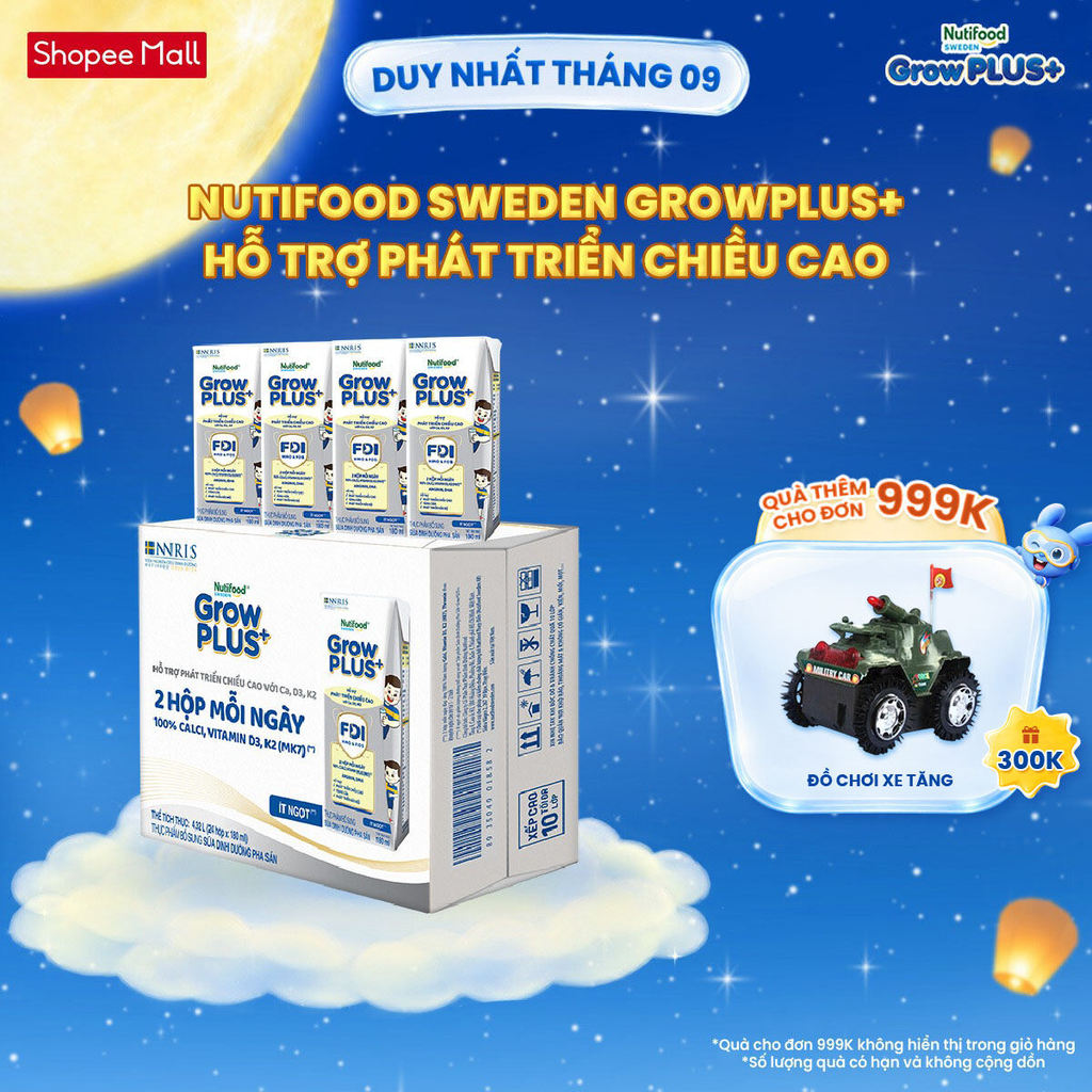 Thùng 24 hộp Sữa Bột Pha Sẵn Nutifood Sweden GrowPLUS+ Cao lớn vượt trội hộp 180 ml