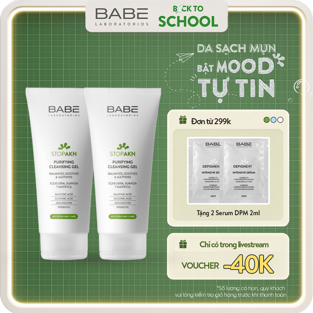 Bộ Đôi Sữa Rửa Mặt Cho Da Dầu Mụn Sạch Sâu Ngừa Mụn BABE Stop AKN Purifying Cleansing Gel 200ml