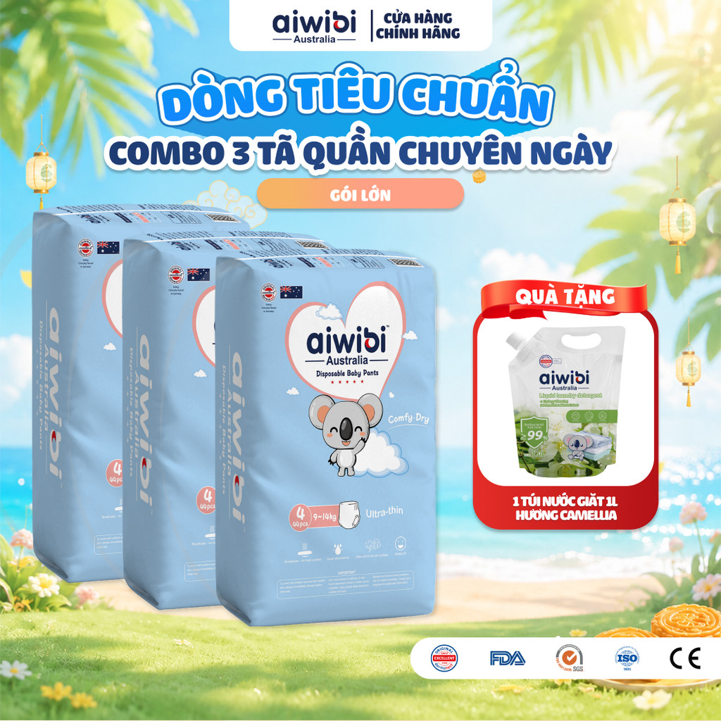 Tã/Bỉm Quần Aiwibi Tiêu Chuẩn Cho Bé Thoáng Khí, Thấm Hút Nhanh - Gói Lớn M/L/XL/XXL