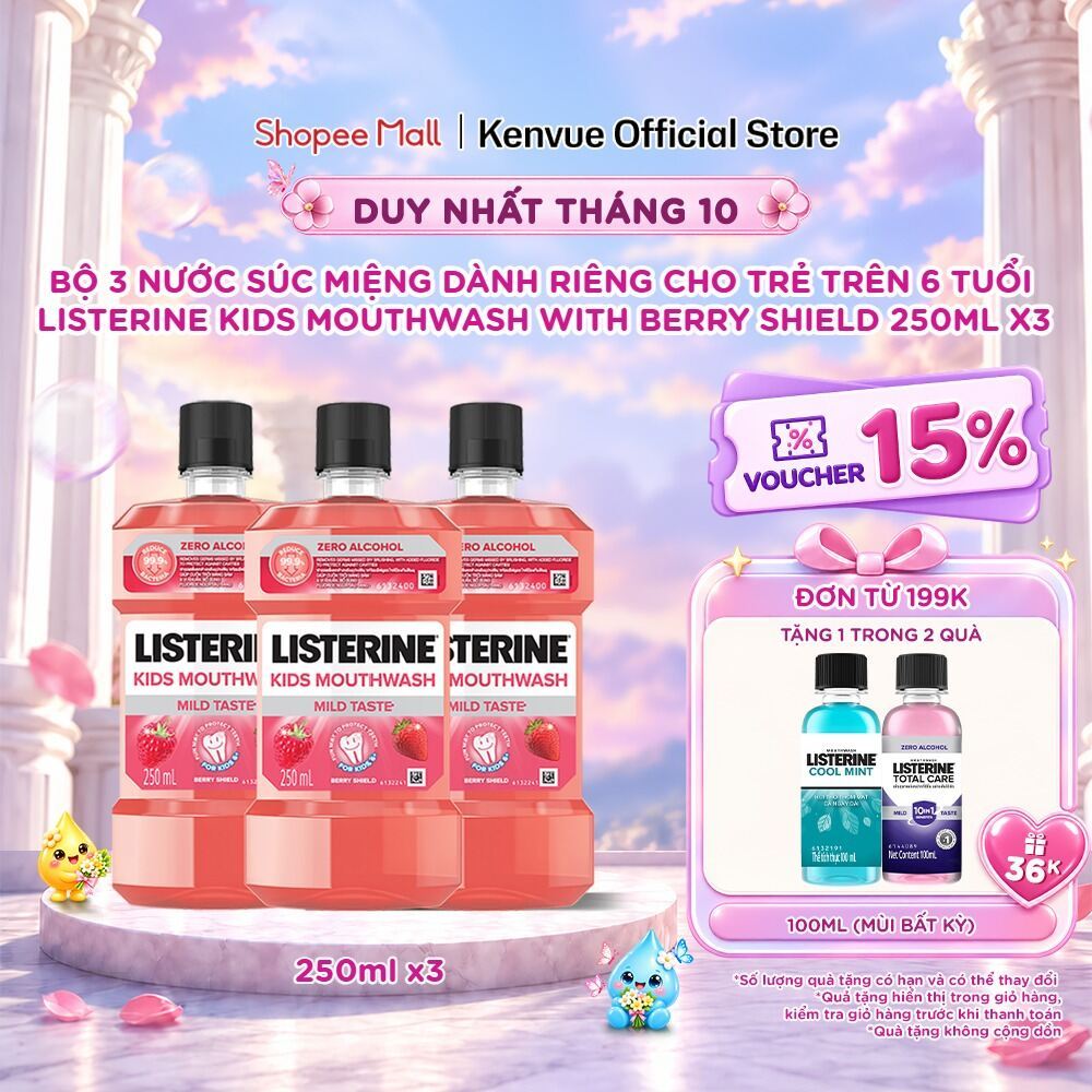 Bộ 3 chai Nước Súc Miệng Listerine Kids Mouthwash with berry shield Dành Riêng Cho Trẻ Trên 6 Tuổi 2