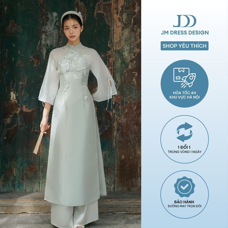Áo dài Mị Sắc - Áo dài cổ tàu đính nơ, tay xẻ nơ 2M03.2410TF, áo dài cách tân thiết kế bởi JM Dress 