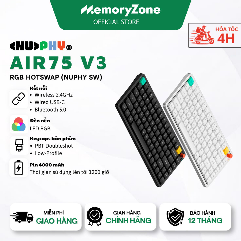 [CHÍNH HÃNG] Bàn phím cơ không dây NuPhy Air75 V3 - Kết nối 3 Mode, Có LED RGB, Pin 4000mAh, Bảo hàn