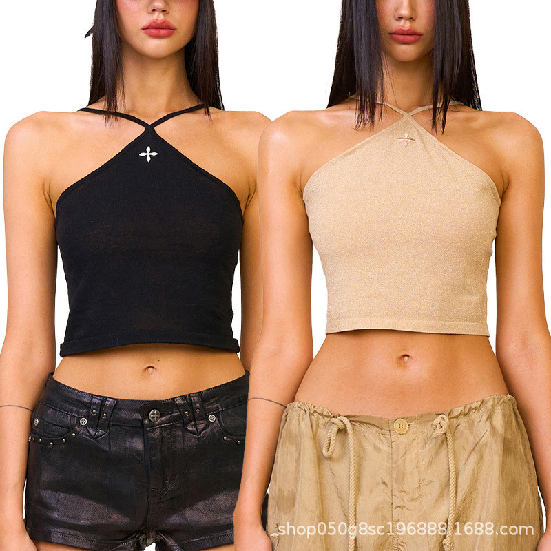 Chinese-style knitted camisole with cross pattern, new Chinese-style cross-back short top for young 