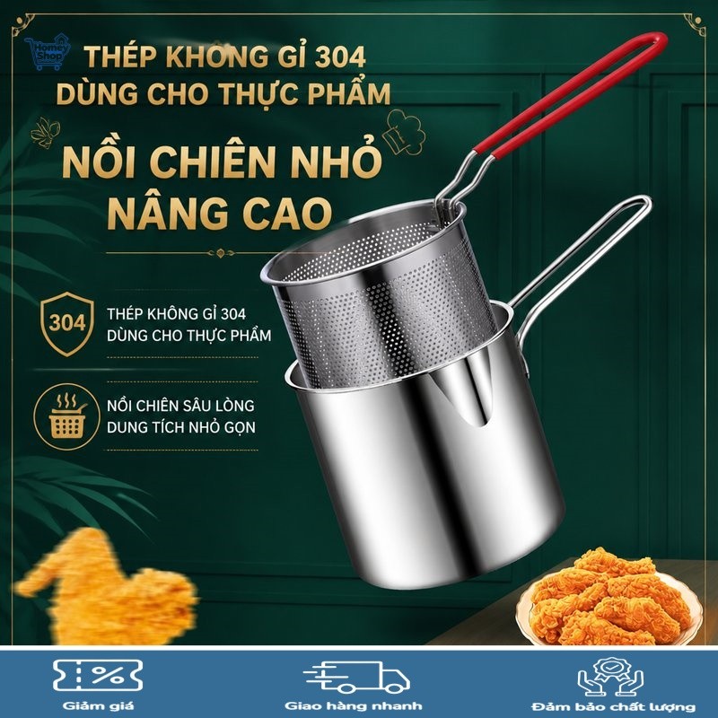 Nồi chiên mini inox 304 dung tích 1200ml, có lưới lọc gấp gọn tiết kiệm, tay cầm dài, dùng cho bếp g