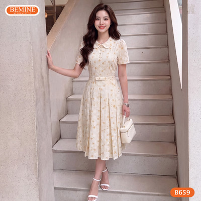 Đầm thiết kế BEMINE cổ sen in hoa dáng chữ A phù hợp đi chơi-B659