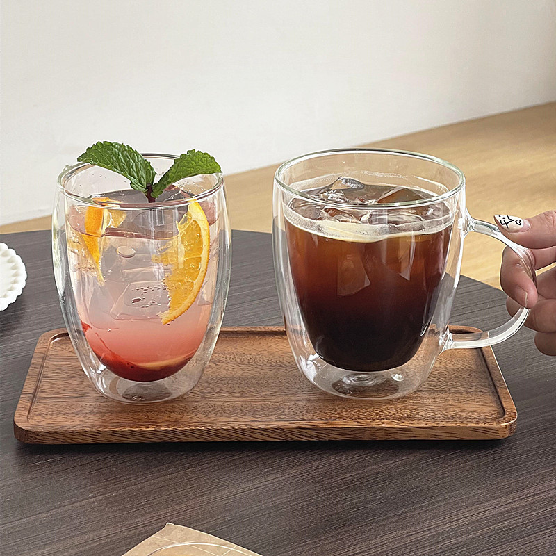Cốc nước thủy tinh trong suốt hai lớp Hekou Cốc trà hoa chịu nhiệt sáng tạo Cốc trà chịu nhiệt Tay c